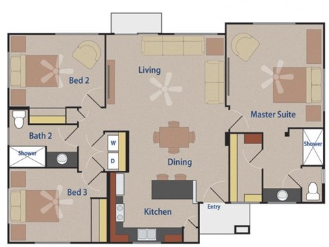 Floor plan for 3 beds, 2 baths, 1244 sqft
